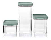 Driedelige set voorraadbussen met doorzichtige bakjes en groene deksels, afgebeeld van voren.