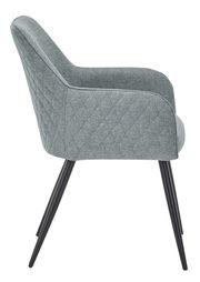 Seitenansicht eines grauen Armlehnstuhls mit schwarzen Metallbeinen und gestepptem Stoffbezug.