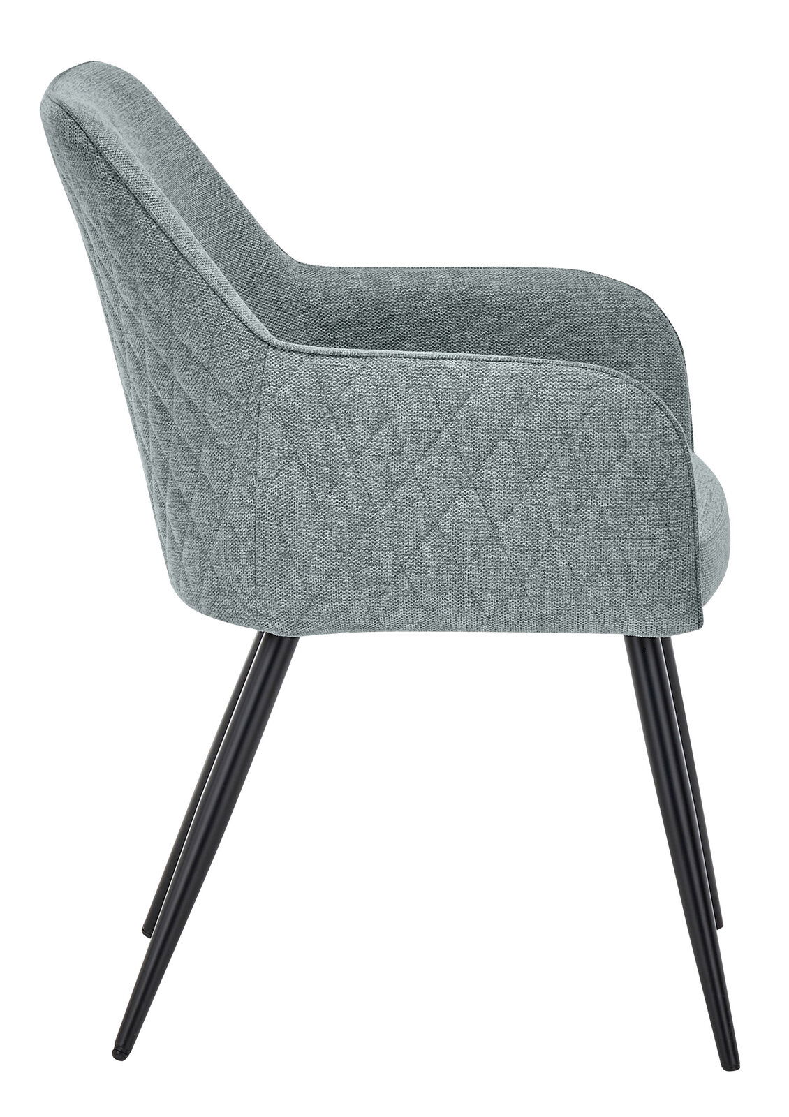 Seitenansicht eines grauen Armlehnstuhls mit schwarzen Metallbeinen und gestepptem Stoffbezug.