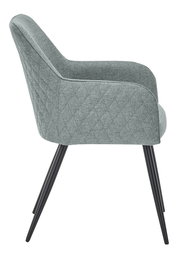 Seitenansicht eines grauen Armlehnstuhls mit schwarzen Metallbeinen und gestepptem Stoffbezug.