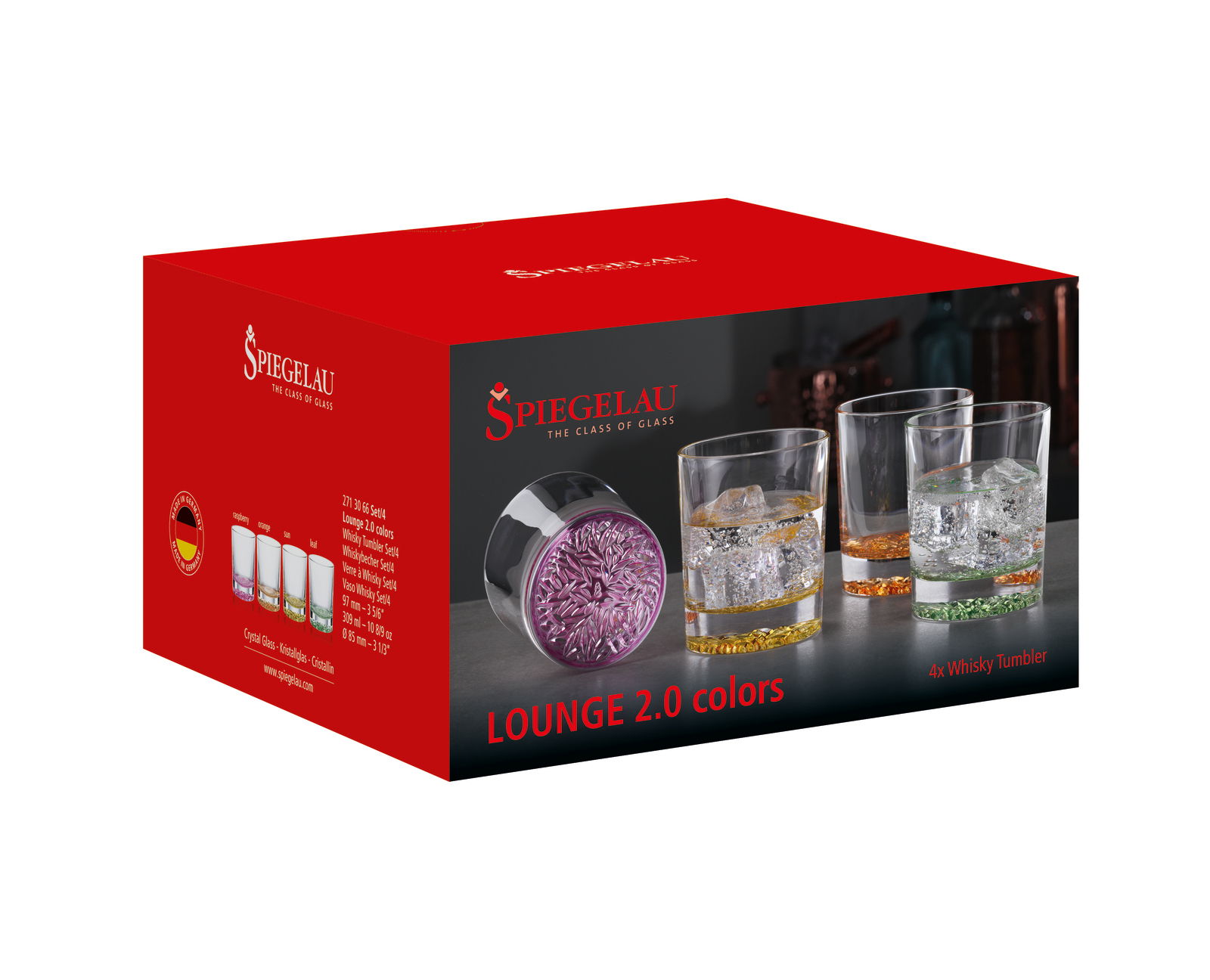 Verpackung des 4-teiligen Trinkbecher-Sets 'Lounge 2.0 colors' von Spiegelau, mit bunten Whiskygläsern und dekorativem Bodenmuster, seitliche Perspektive.
