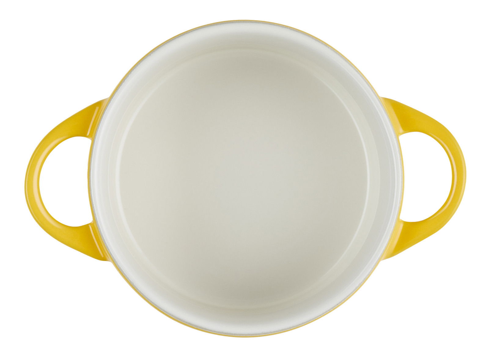 Obere Ansicht einer gelben Mini Cocotte mit zwei Griffen, 10 cm Durchmesser, Farbe Nectar.