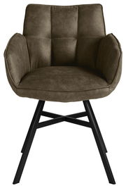 Frontansicht eines modernen Armlehnstuhls mit gepolstertem Sitz und Rückenlehne in Olivgrün, auf schwarzen Metallbeinen.