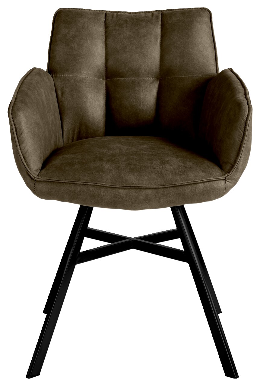 Frontansicht eines modernen Armlehnstuhls mit gepolstertem Sitz und Rückenlehne in Olivgrün, auf schwarzen Metallbeinen.