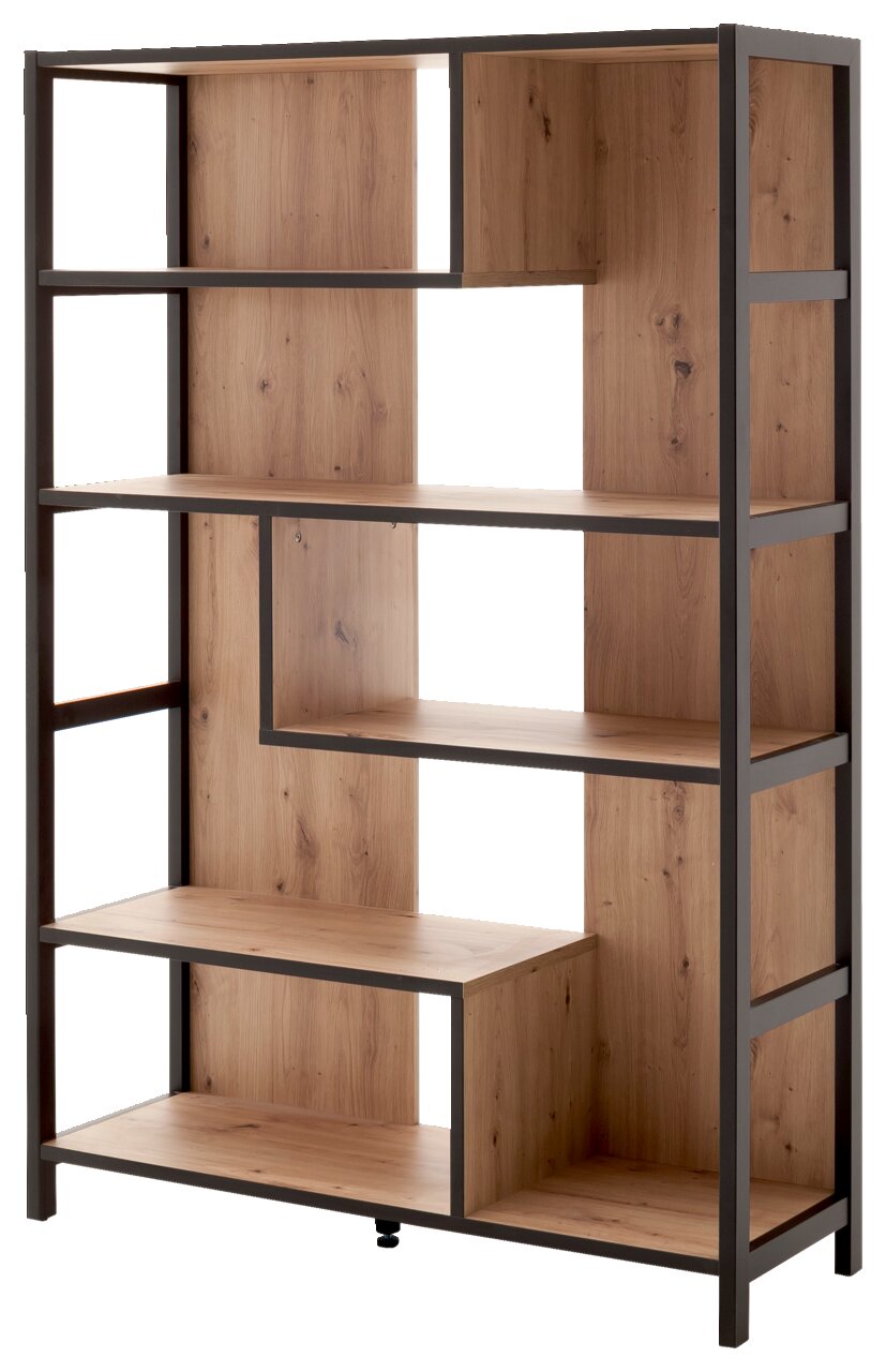 Modernes Regal aus Holz und Metall mit asymmetrischen Fächern, seitliche Perspektive