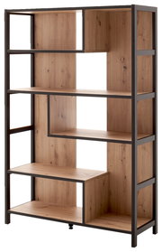 Modernes Regal aus Holz und Metall mit asymmetrischen Fächern, seitliche Perspektive