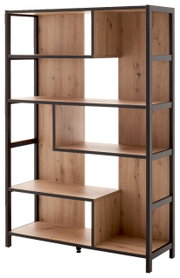 Modernes Regal aus Holz und Metall mit asymmetrischen Fächern, seitliche Perspektive