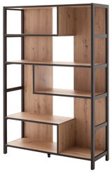 Modernes Regal aus Holz und Metall mit asymmetrischen Fächern, seitliche Perspektive