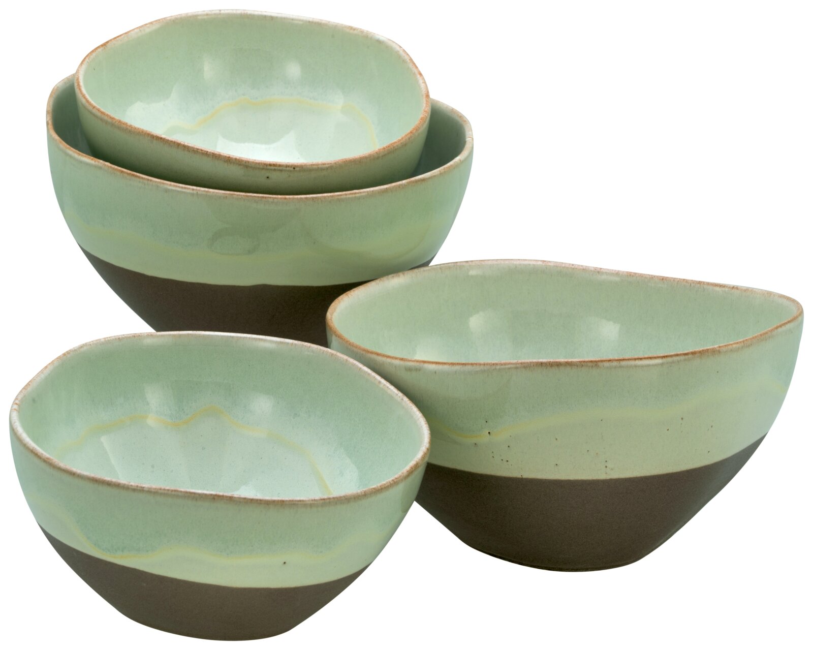 Creatable Bowl 4-tlg BASALT BIO Vier stapelbare Keramikschalen in Mintgrün mit braunem Unterteil und leicht unregelmäßigem Rand, Produktansicht schräg von vorne/oben auf weißem Hintergrund