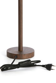 Nahaufnahme eines Lampenfußes aus Holz mit rundem Sockel und schwarzem Kabel mit Schalter und Stecker, seitliche Perspektive.