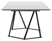 Moderner Esstisch mit schwarzem Metallgestell und heller Tischplatte, seitliche Perspektive