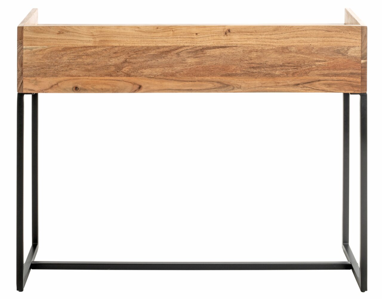 Houten console met zwart metalen onderstel, vooraanzicht