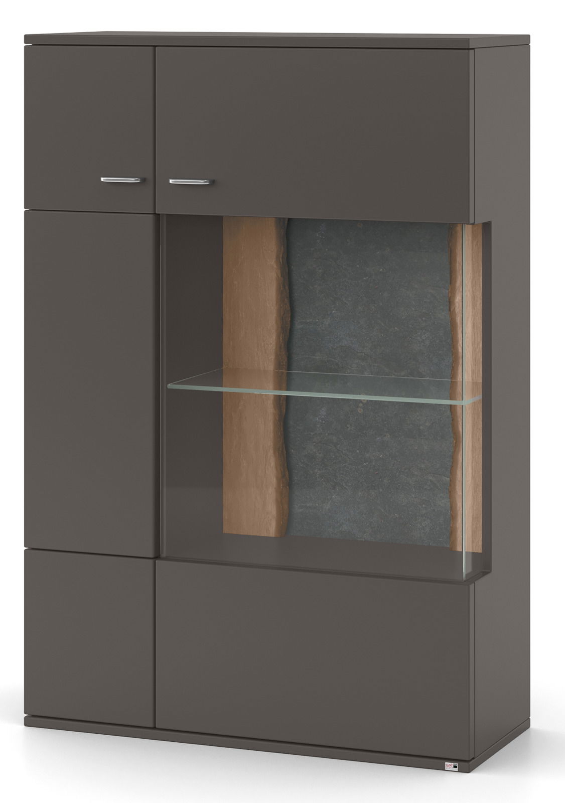 Modernes Highboard in dunklem Grau mit Glasvitrine und Holzdetails, Frontalansicht
