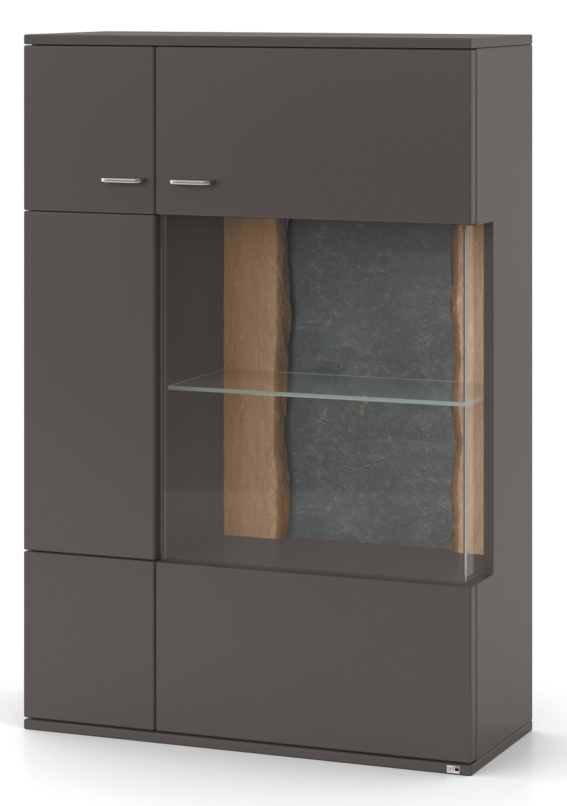 Modernes Highboard in dunklem Grau mit Glasvitrine und Holzdetails, Frontalansicht