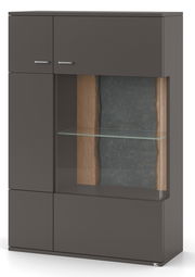Modernes Highboard in dunklem Grau mit Glasvitrine und Holzdetails, Frontalansicht
