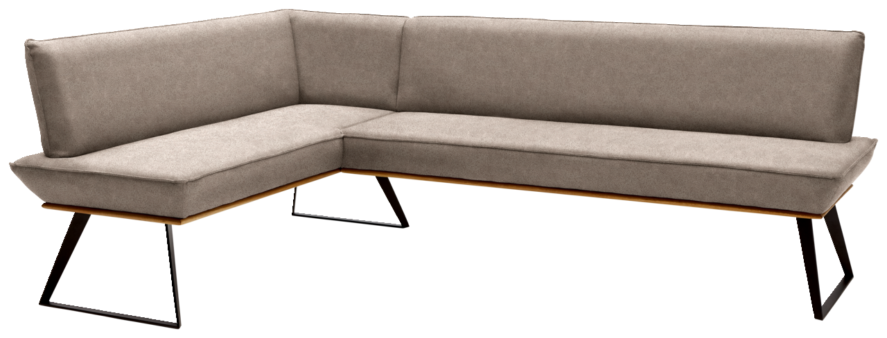 Eckbank in L-Form mit grauem Stoffbezug und schwarzen Metallbeinen, Perspektive von vorne rechts