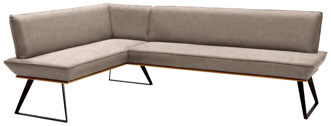 Eckbank in L-Form mit grauem Stoffbezug und schwarzen Metallbeinen, Perspektive von vorne rechts