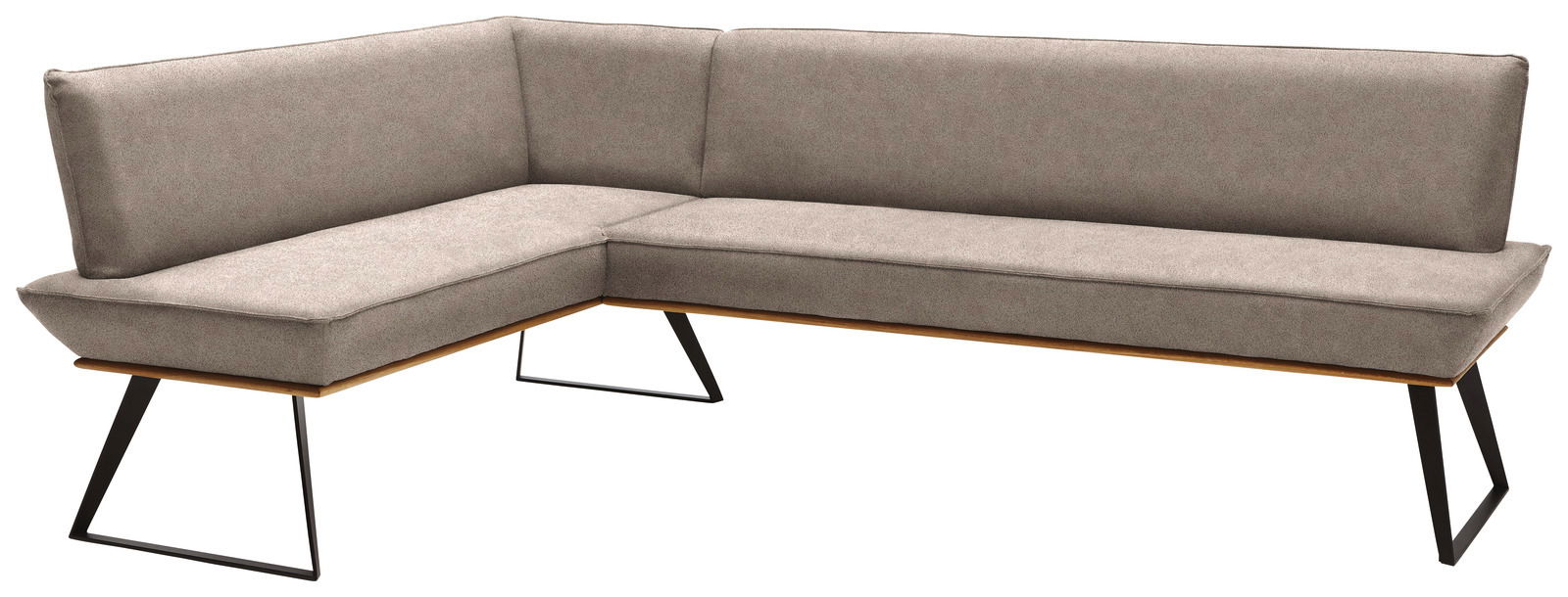 Eckbank in L-Form mit grauem Stoffbezug und schwarzen Metallbeinen, Perspektive von vorne rechts