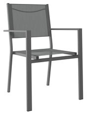 Moderner grauer Stapelsessel aus Metall mit Armlehnen, seitliche Perspektive