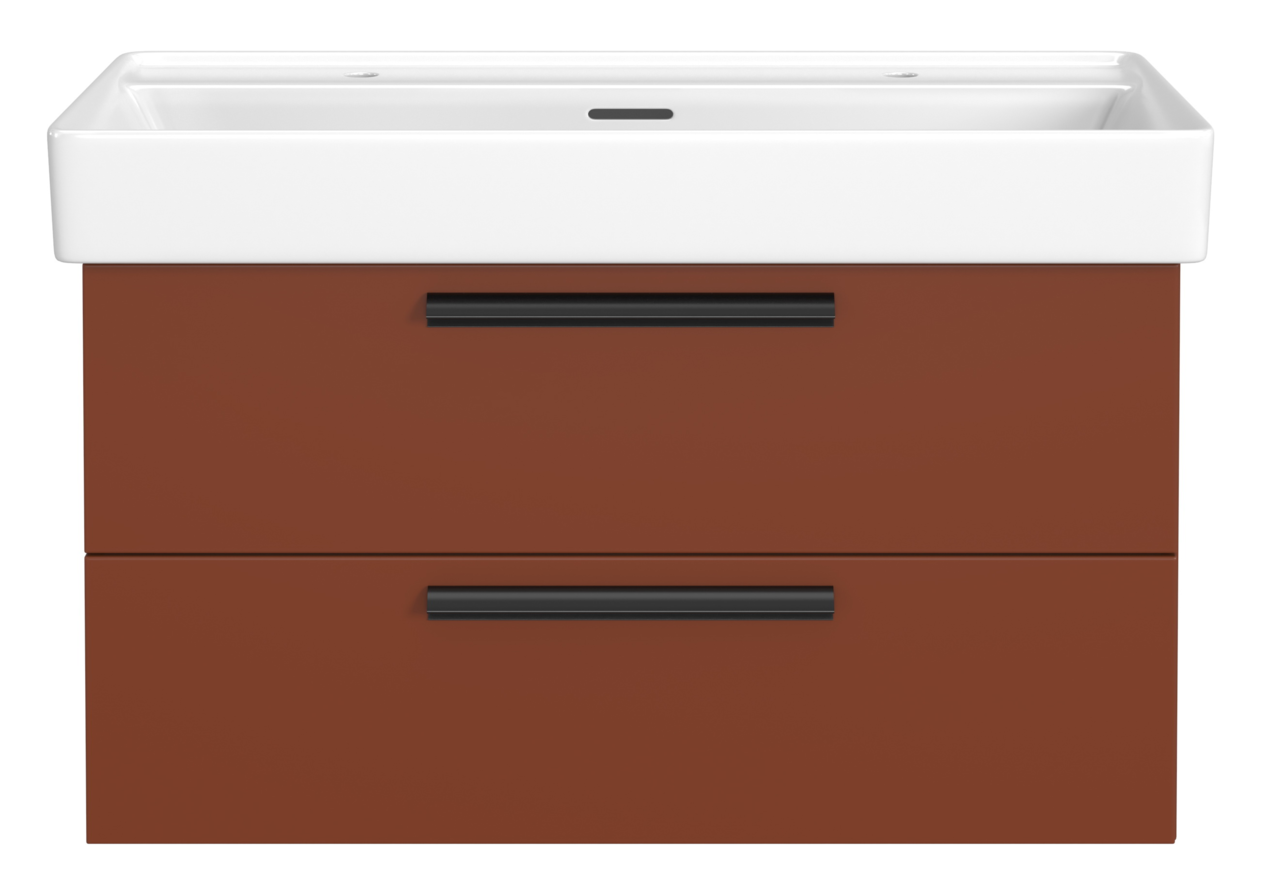 XORA Waschtisch-Set für 2 Armaturen VANNES Frontansicht eines Waschtisch-Sets mit zwei Schubladen in brauner Farbe und einem weißen Waschbecken.