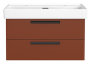 Frontansicht eines Waschtisch-Sets mit zwei Schubladen in brauner Farbe und einem weißen Waschbecken.