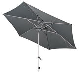 Moderner grauer Kurbelschirm mit Metallgestell, seitliche Perspektive