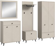 Garderobenkombination in modernem Design mit geometrischen Mustern, bestehend aus einem Spiegel, einem Schrank, einer Kommode und einer Garderobenleiste mit Haken, aus frontaler Perspektive.