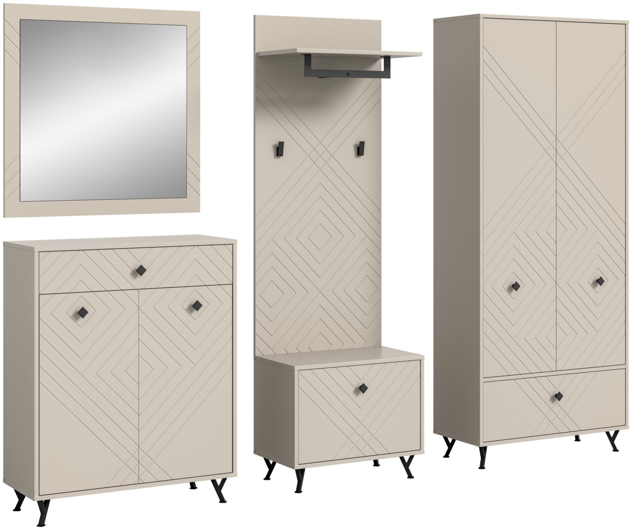 Garderobenkombination in modernem Design mit geometrischen Mustern, bestehend aus einem Spiegel, einem Schrank, einer Kommode und einer Garderobenleiste mit Haken, aus frontaler Perspektive.