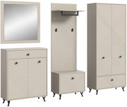 Garderobenkombination in modernem Design mit geometrischen Mustern, bestehend aus einem Spiegel, einem Schrank, einer Kommode und einer Garderobenleiste mit Haken, aus frontaler Perspektive.