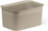 Beige Kunststoffbox mit Löchern, rechteckig, seitliche Perspektive