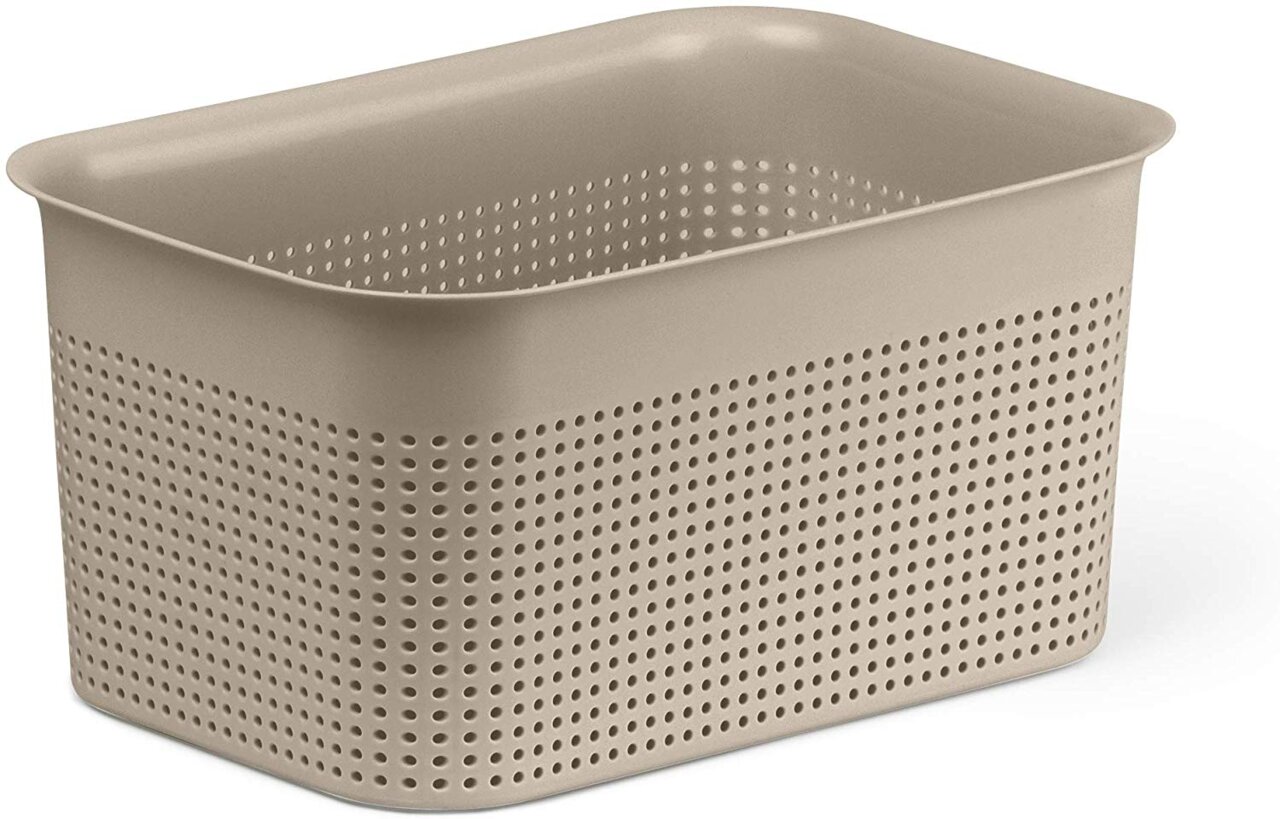 Beige Kunststoffbox mit Löchern, rechteckig, seitliche Perspektive