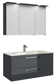 Moderner Badblock mit grauem Unterschrank und weißem Spiegelschrank, Frontansicht