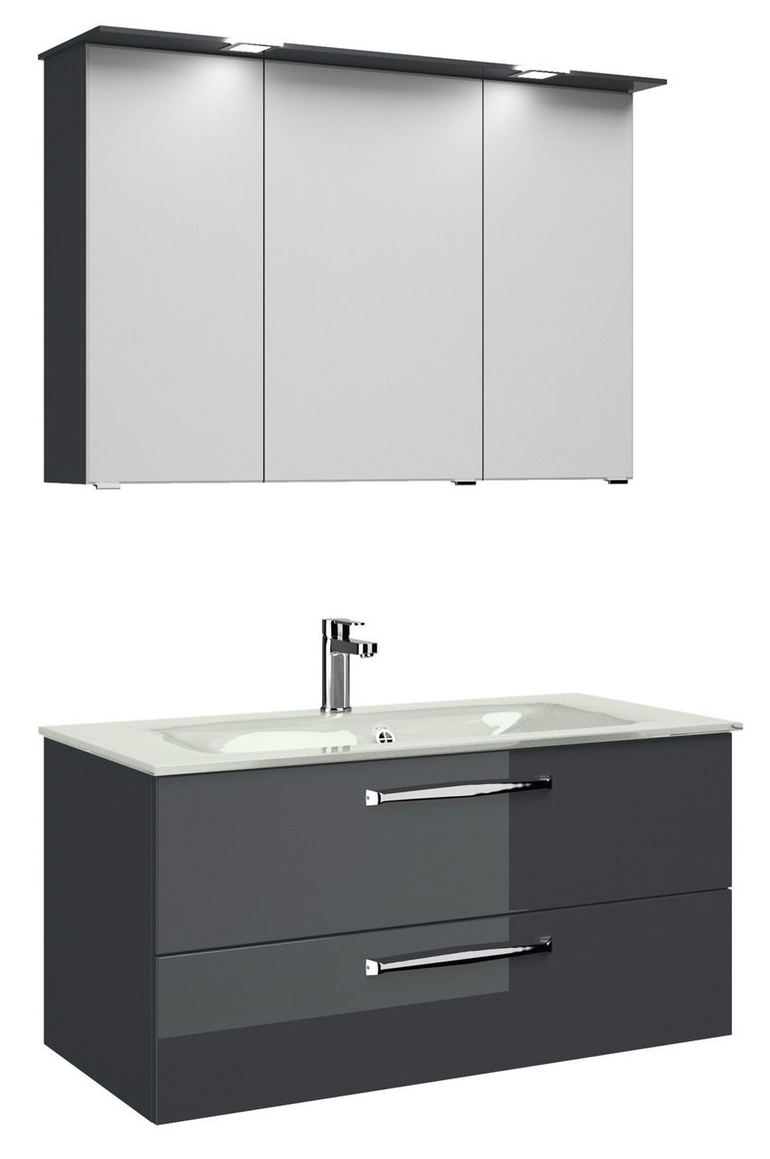Moderner Badblock mit grauem Unterschrank und weißem Spiegelschrank, Frontansicht