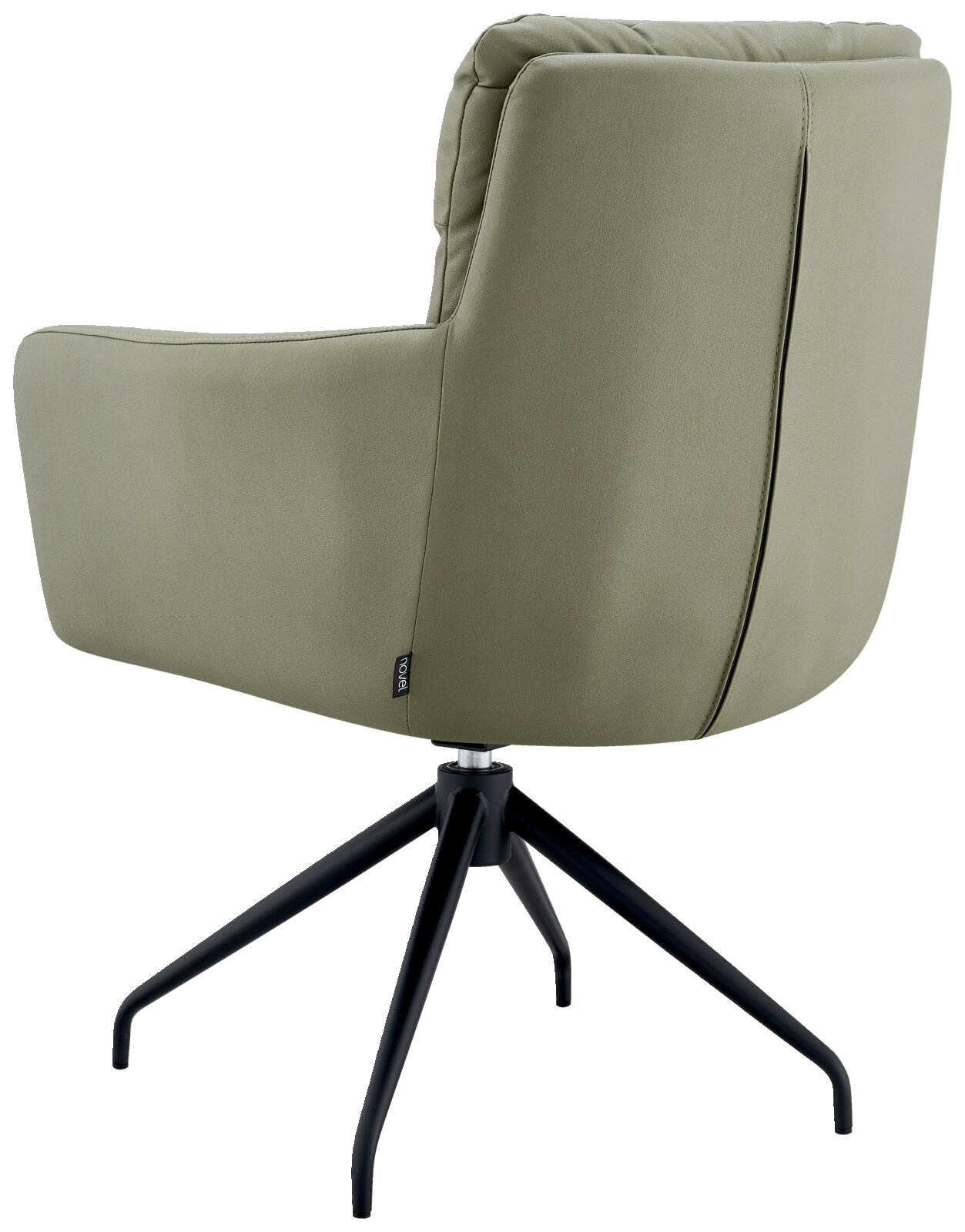 Achterkant van een groene fauteuil met een zwart metalen frame