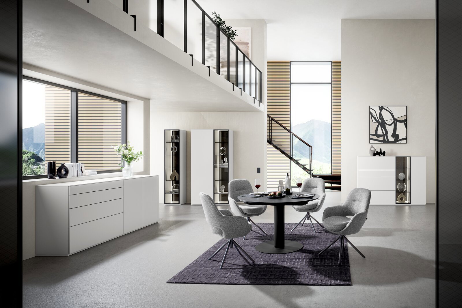 WK-Wohnen Highboardkombination 420 VIVA Moderne Wohnzimmereinrichtung mit Highboardkombination und Vitrinen in einem hellen Raum mit großen Fenstern und stilvollen Möbeln, seitliche Perspektive.