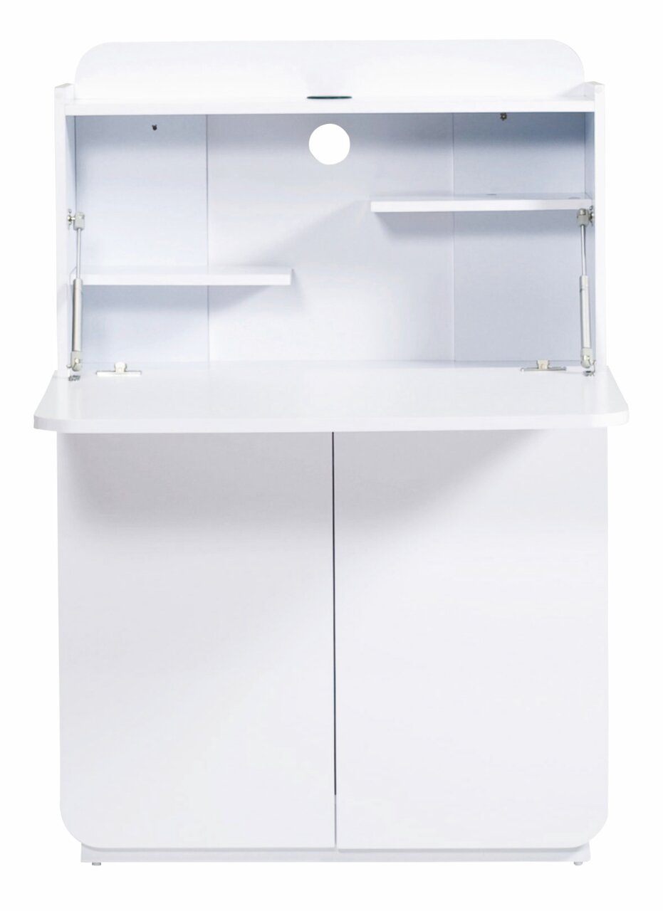 Witte secretaire met open lade en planken, vooraanzicht