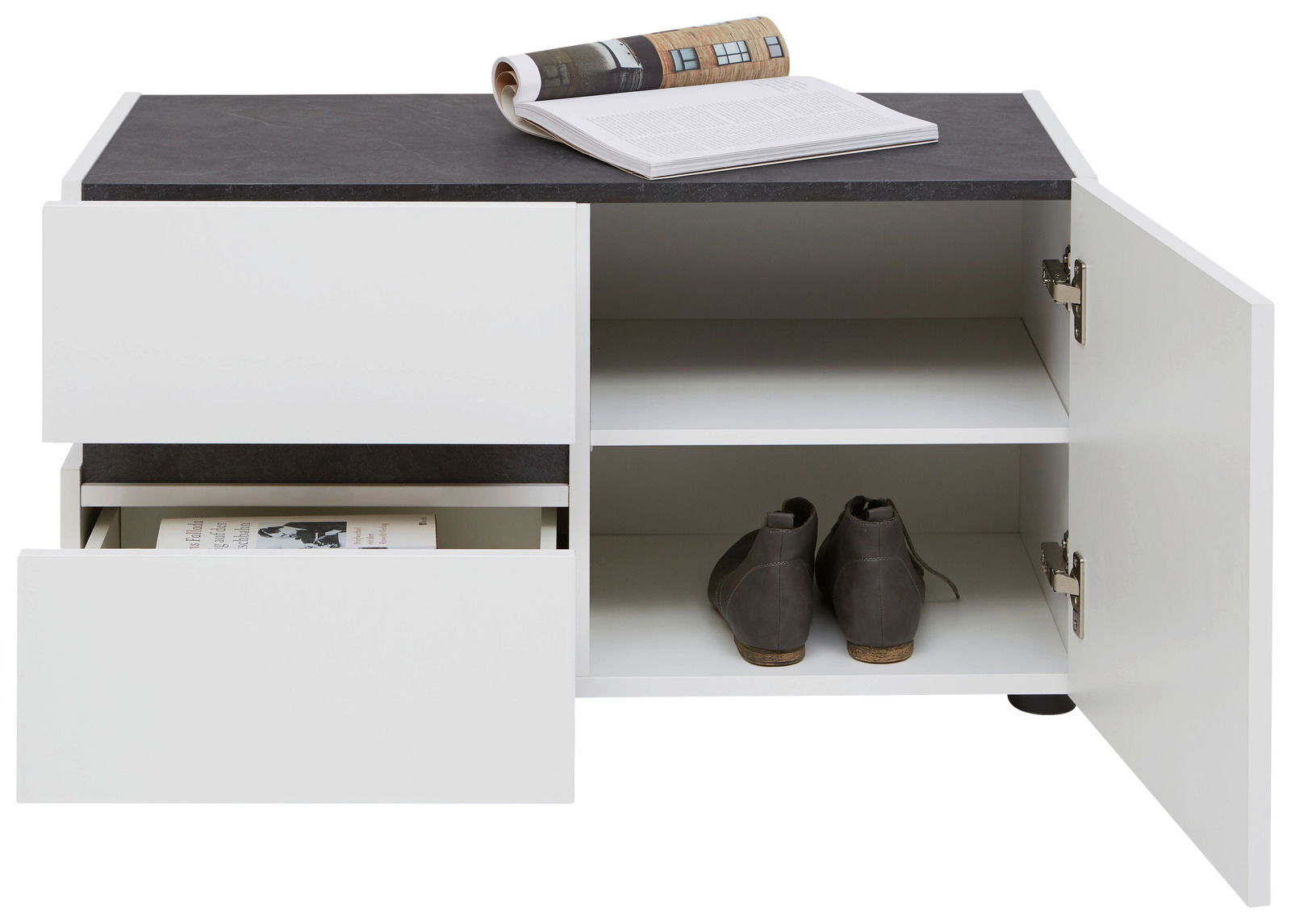 Weiße Bank mit schwarzer Oberfläche, zwei offenen Schubladen und einem offenen Fach mit Schuhen, aus frontaler Perspektive.