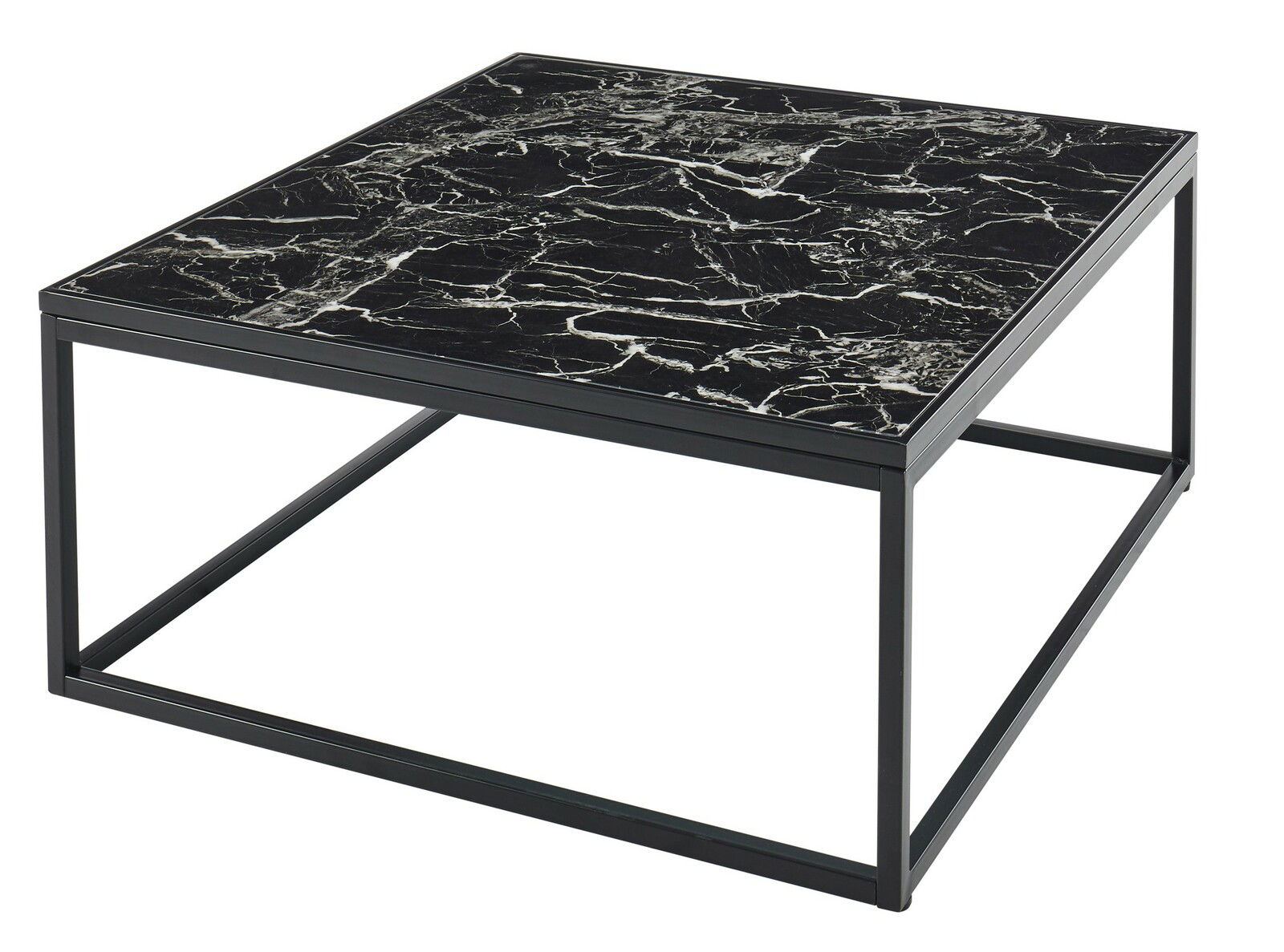 Moderner Couchtisch mit schwarzer Marmoroptik und Metallrahmen, seitliche Perspektive