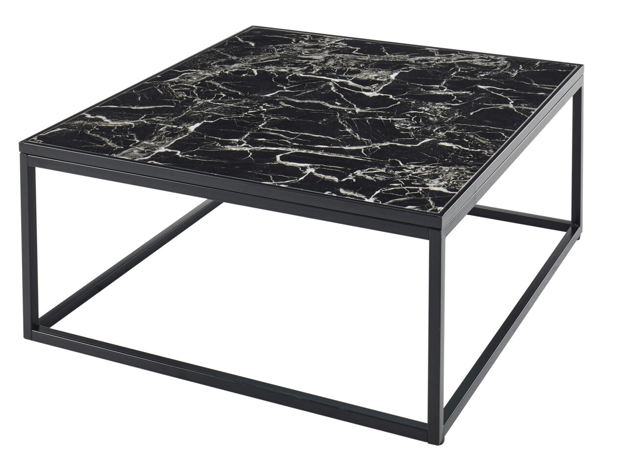 Moderner Couchtisch mit schwarzer Marmoroptik und Metallrahmen, seitliche Perspektive
