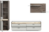 Wohnkombination bestehend aus einem hohen Schrank mit Glastür, einem TV-Lowboard mit Schubladen und einem Wandregal, frontal betrachtet.