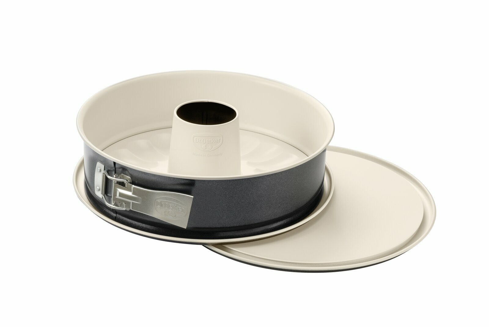 Runde Springform mit Rohrboden und Deckel, seitliche Perspektive