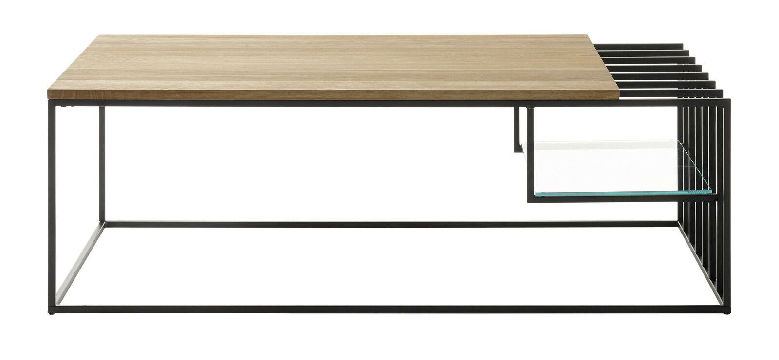 Moderner Couchtisch mit Holzplatte und Metallgestell, seitliche Perspektive