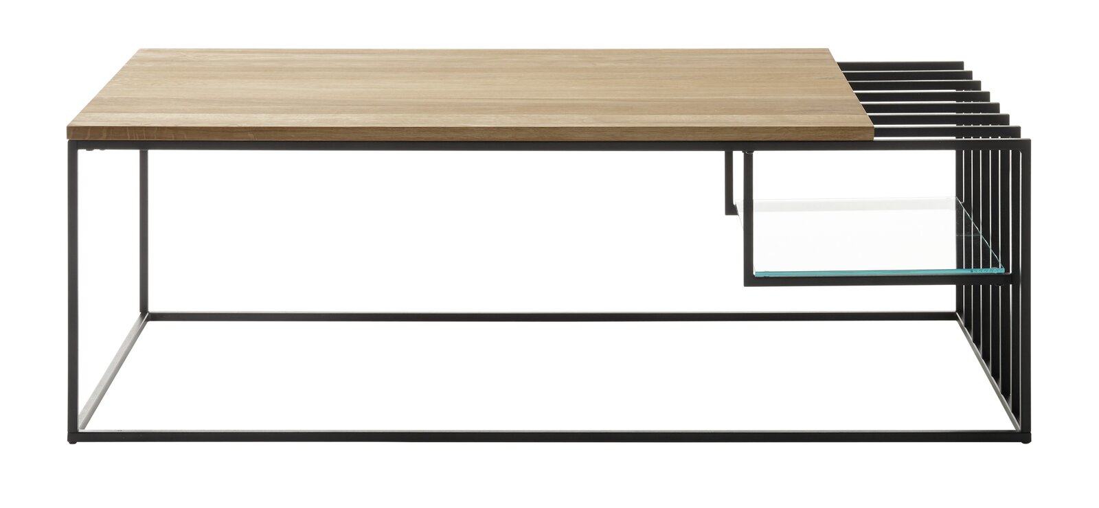 Moderner Couchtisch mit Holzplatte und Metallgestell, seitliche Perspektive