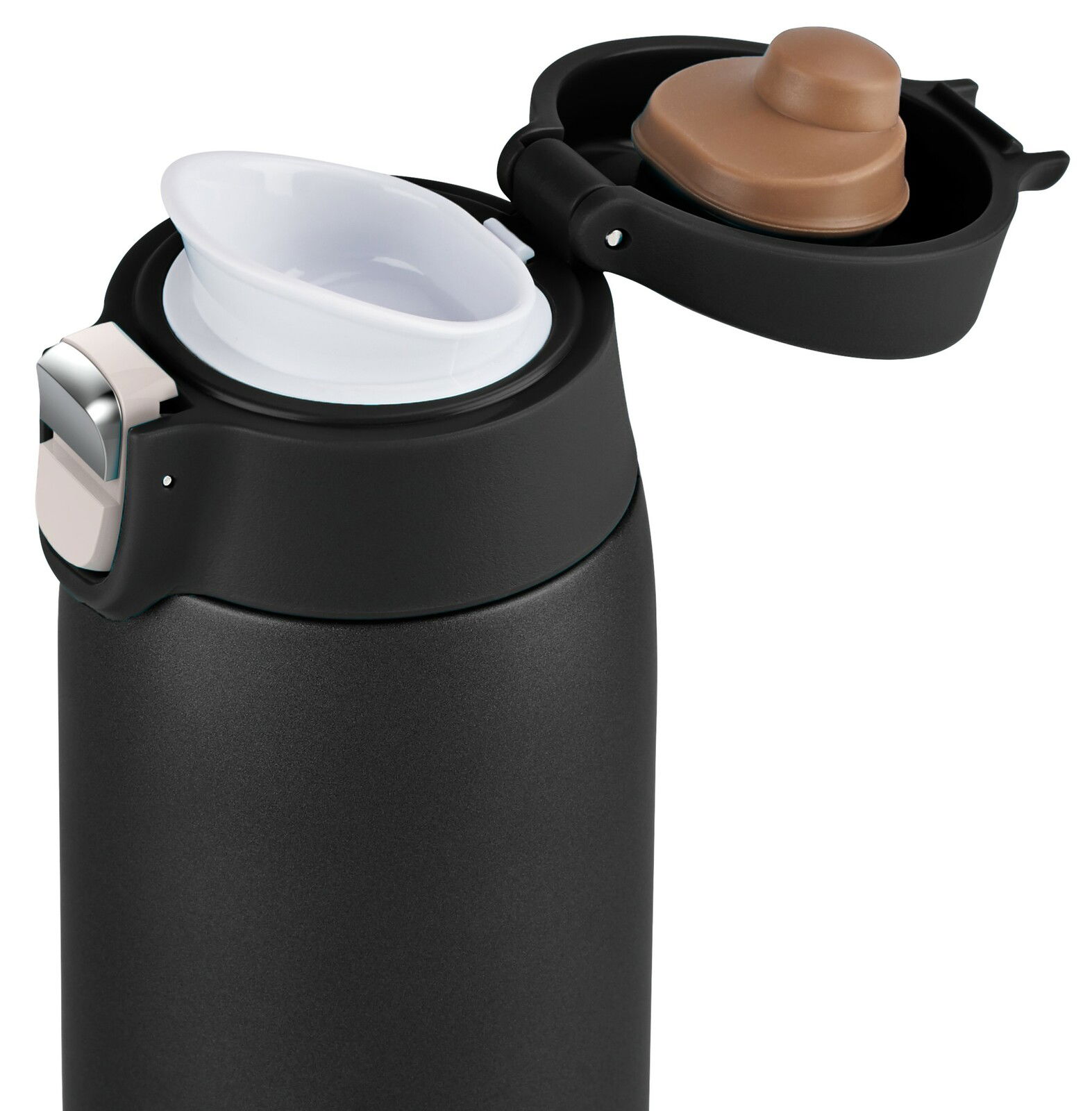 Schwarzer Thermobecher mit geöffnetem Deckel, seitliche Perspektive