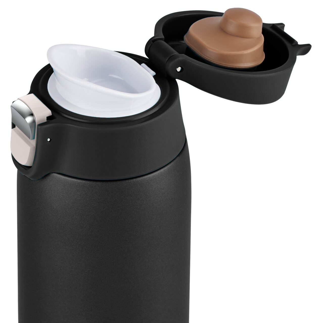 Schwarzer Thermobecher mit geöffnetem Deckel, seitliche Perspektive