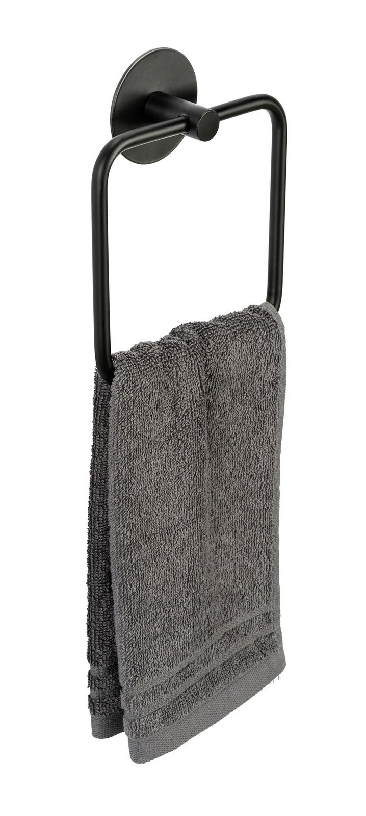 Schwarzer Handtuchring Meleto mit grauem Handtuch, seitliche Perspektive