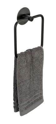 Schwarzer Handtuchring Meleto mit grauem Handtuch, seitliche Perspektive