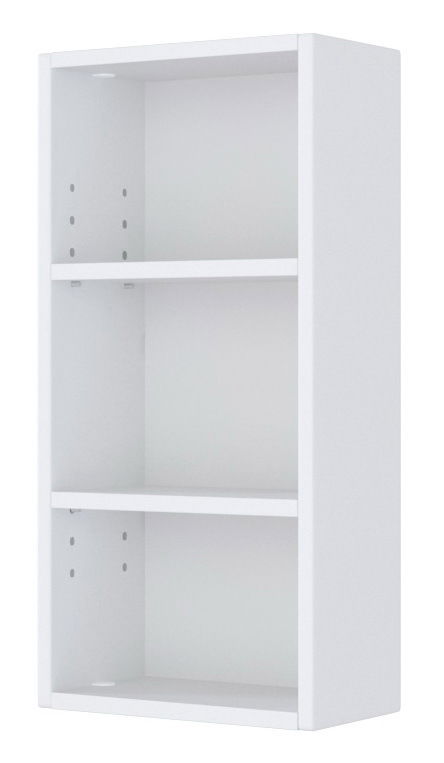 Weißes Hängeregal mit drei offenen Fächern, seitliche Perspektive