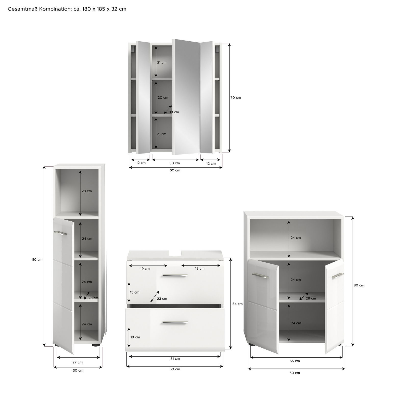 Badkombination bestehend aus einem Spiegelschrank, einem Hochschrank, einem Waschbeckenunterschrank und einem Unterschrank, alle in weißer Farbe. Die Perspektive zeigt die Möbelstücke frontal mit sichtbaren Maßen.