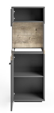 Vitrine in grauer Farbe mit Holzelementen, offene Türen, Frontansicht